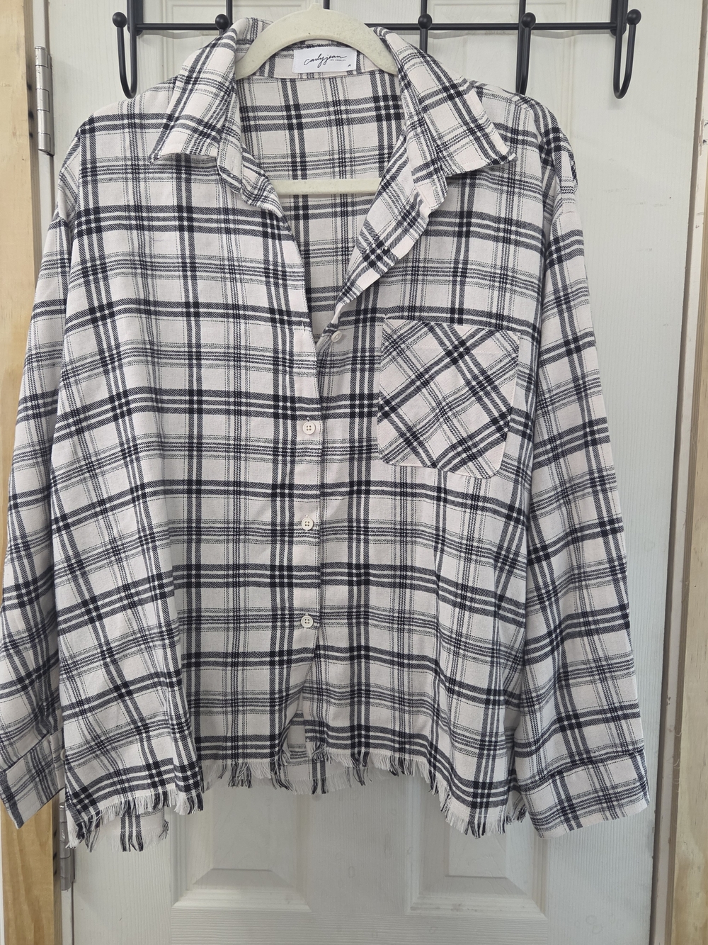 Plaid Button-Down Shirt Top Carly Jean Los Angeles Black & White  #0223